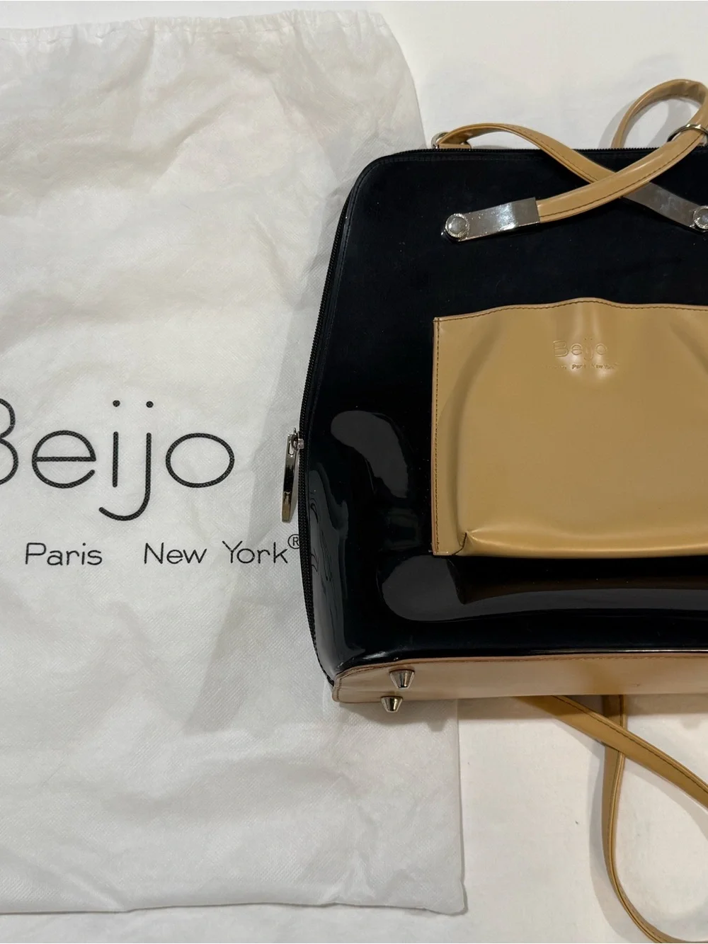 Beijo Black Patent Backpack Tote with Tan Front Pocket and Straps